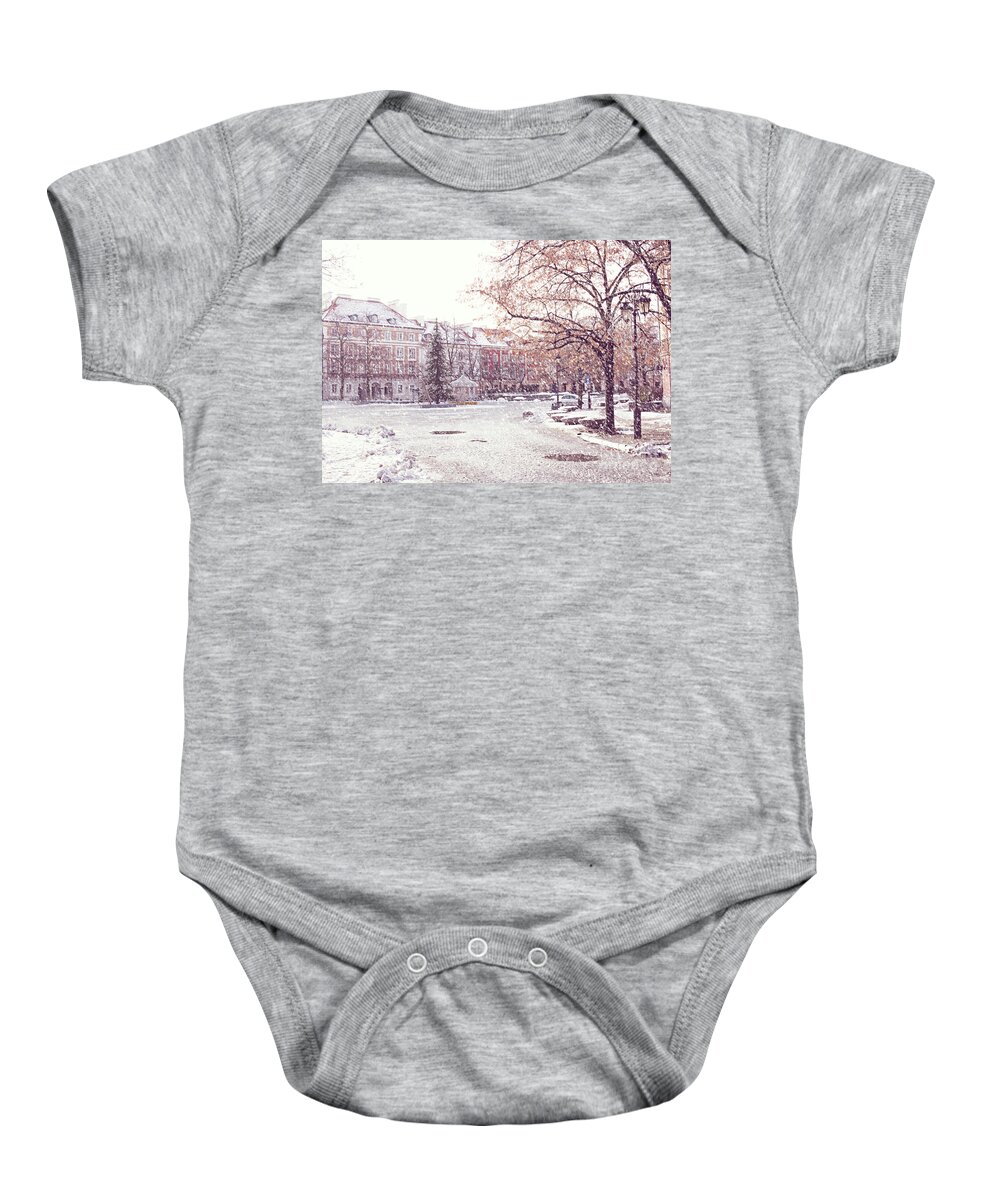 Architecture Baby Onesie featuring the photograph A street in Warsaw, Poland on a snowy day by Juli Scalzi