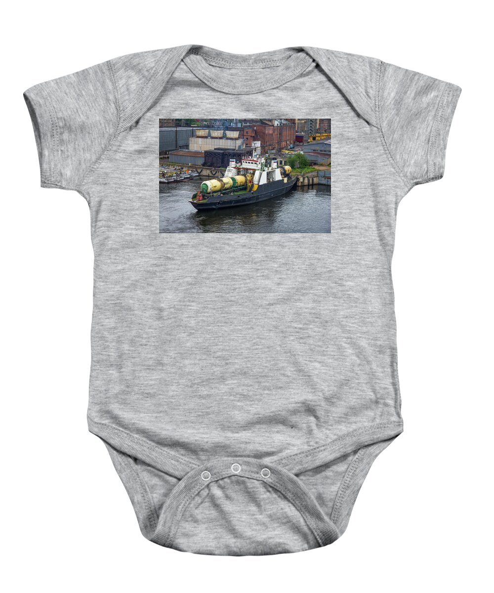 Clare Bambers Stokes Baby Onesie featuring the photograph A Train Ferry in St Petersburg Carrying Freight by Clare Bambers