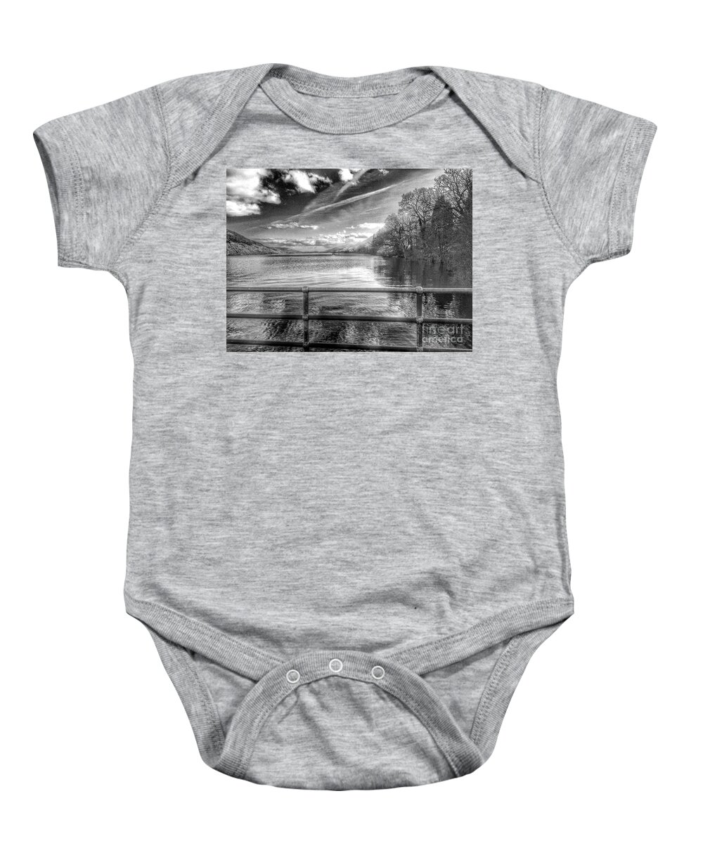 Loch Lomond Baby Onesie featuring the photograph A View Over Loch Lomond in Greyscale 2 by Joan-Violet Stretch