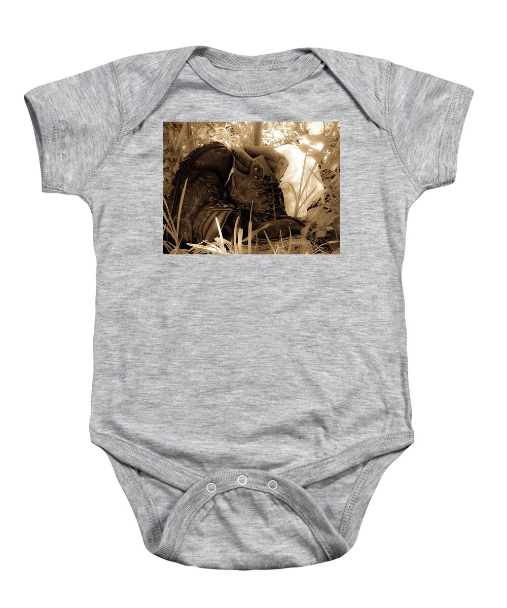 Boots Baby Onesie featuring the photograph Abandoned on the River Bank by DigiArt Diaries by Vicky B Fuller