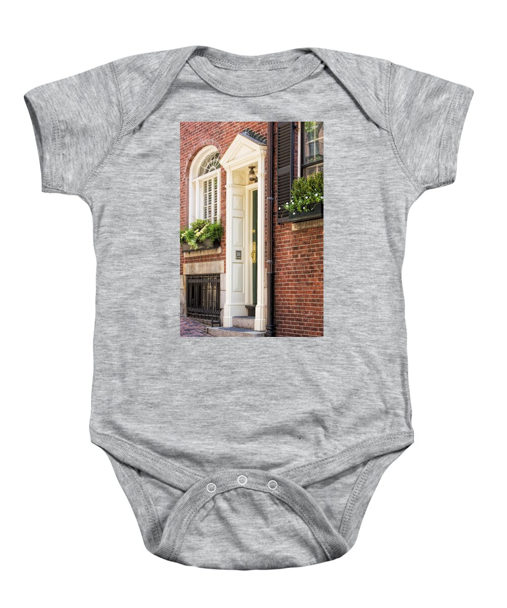 Acorn Street Baby Onesie featuring the photograph Acorn Street Door And Windows by Susan Candelario