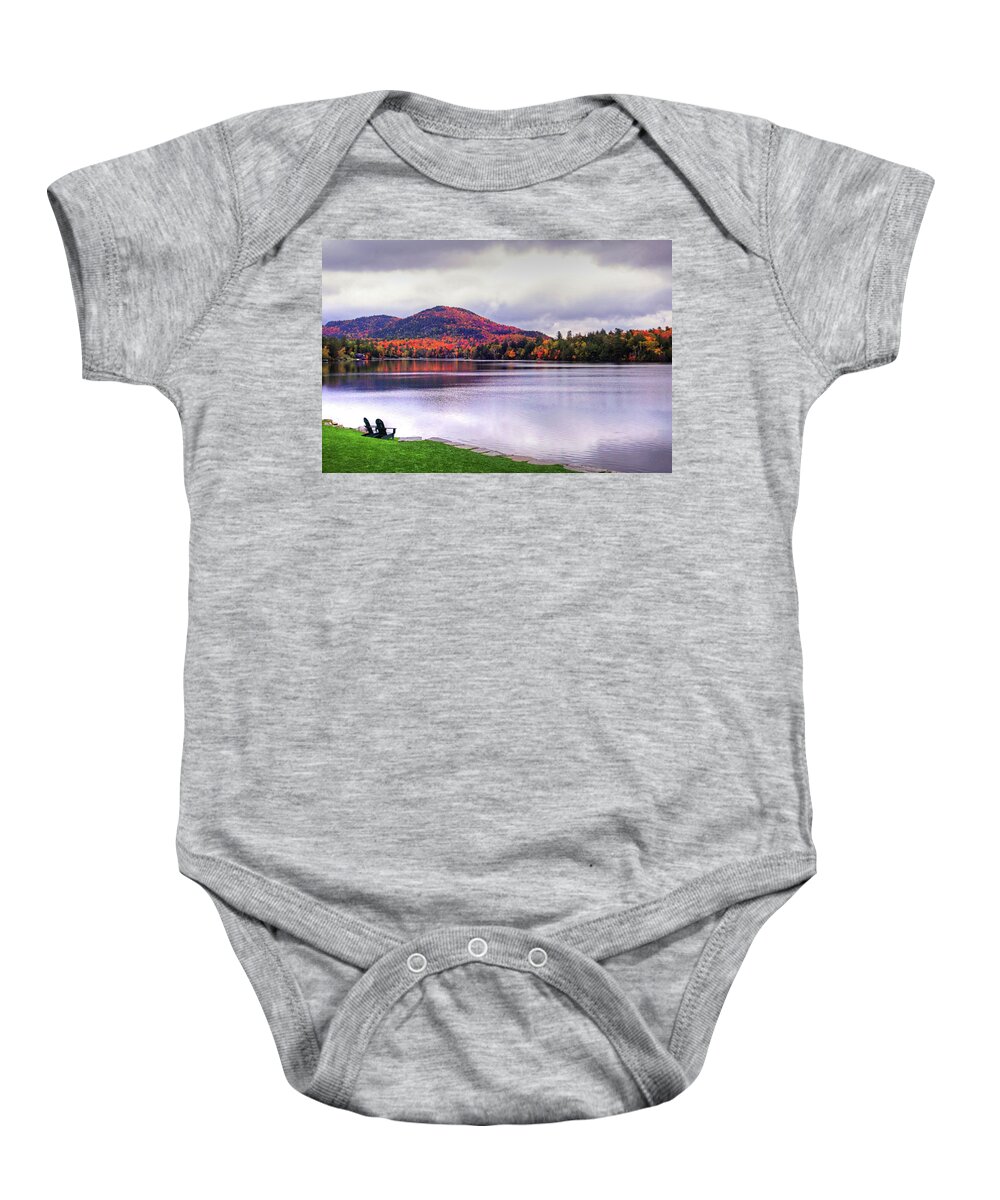 Mirror Baby Onesie featuring the photograph Adirondack Chairs in the Adirondacks. Mirror Lake Lake Placid NY New York Mountain by Toby McGuire