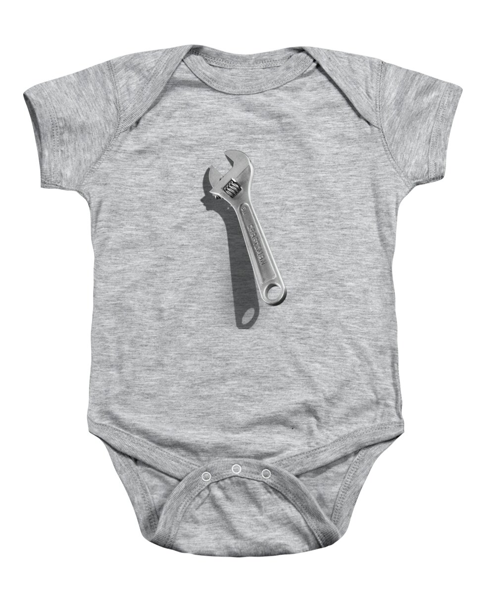 Black Baby Onesie featuring the photograph Adjustable Wrench over Wood 72 in Black and White by YoPedro