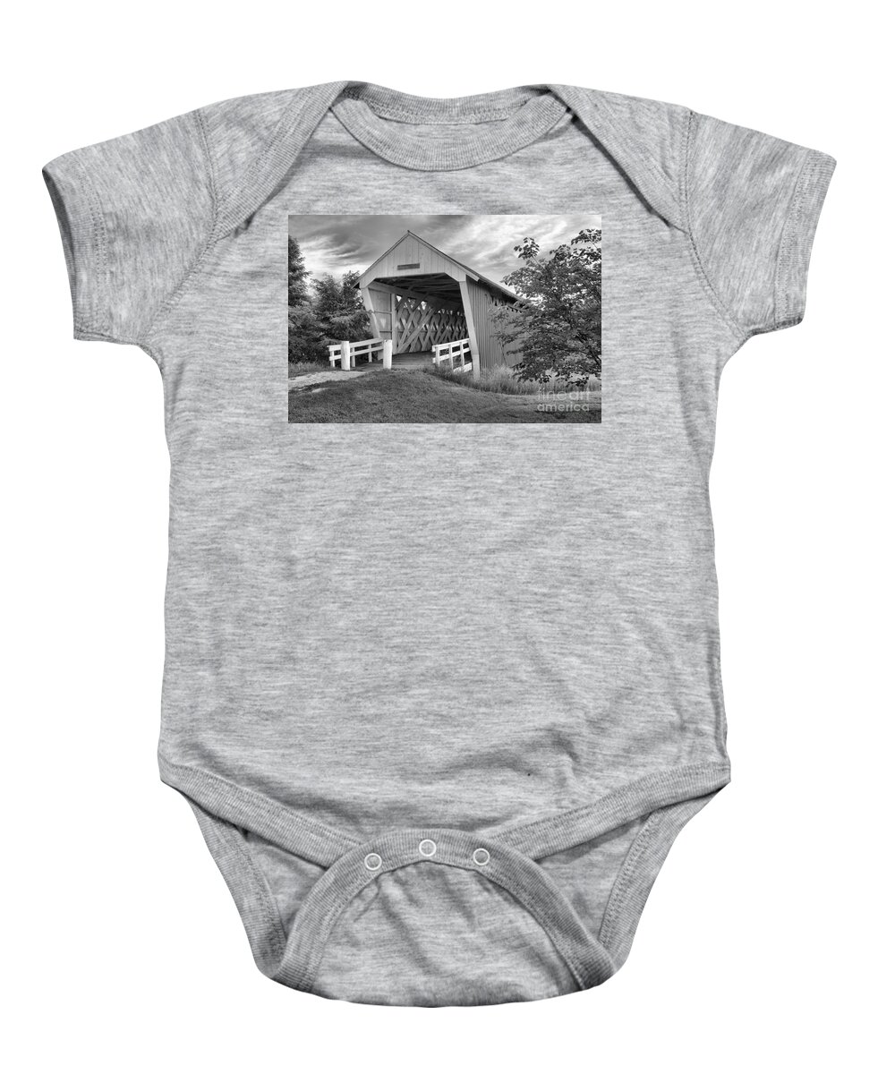Imes Baby Onesie featuring the photograph Afternoon At The Imes Covered Bridge Black And White by Adam Jewell