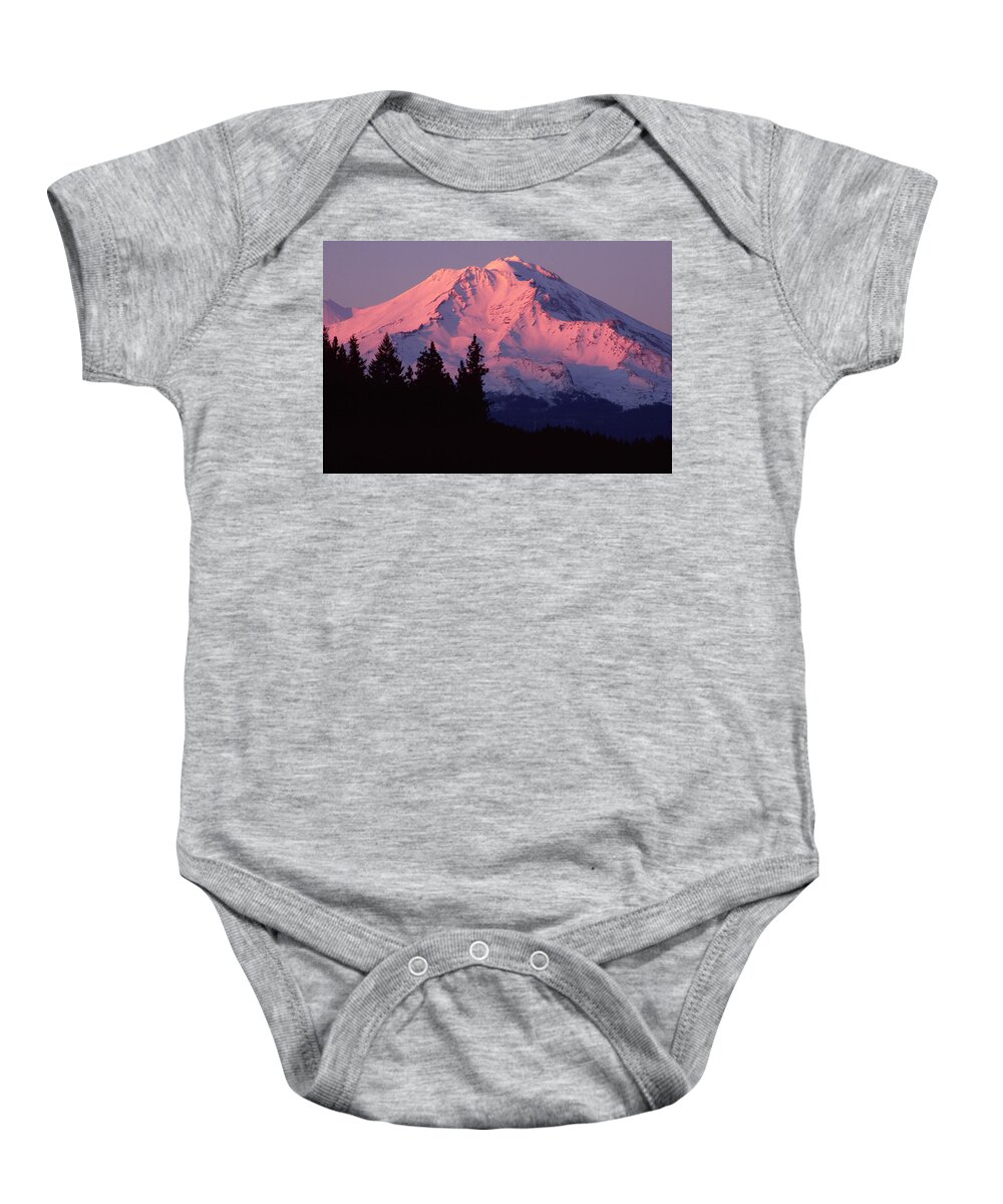 Mt Shasta Baby Onesie featuring the photograph Alpenglow - Mt Shasta by Denise Dethlefsen