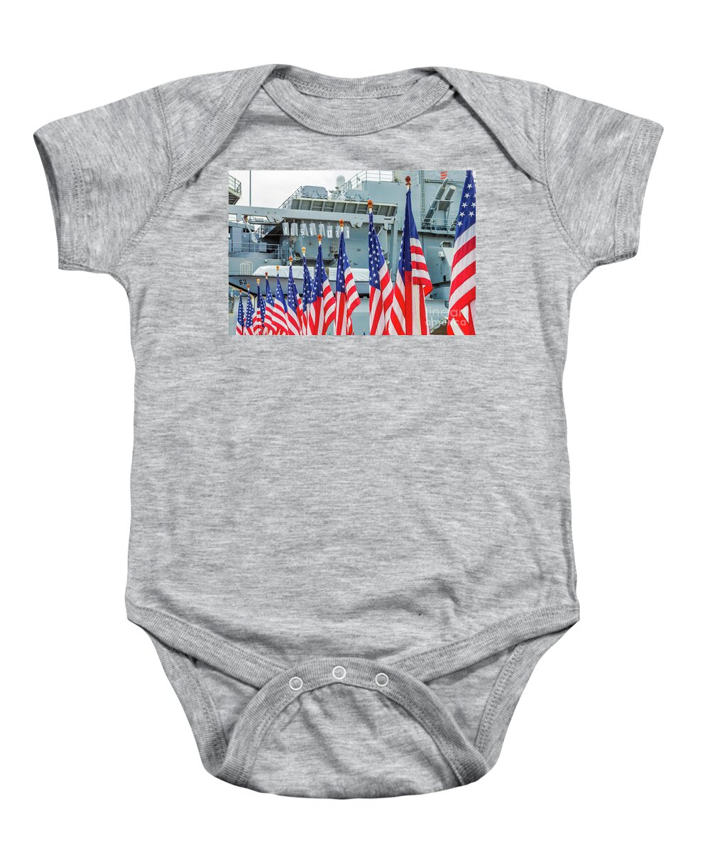 Pearl Harbor Baby Onesie featuring the photograph American flags Missouri by Benny Marty