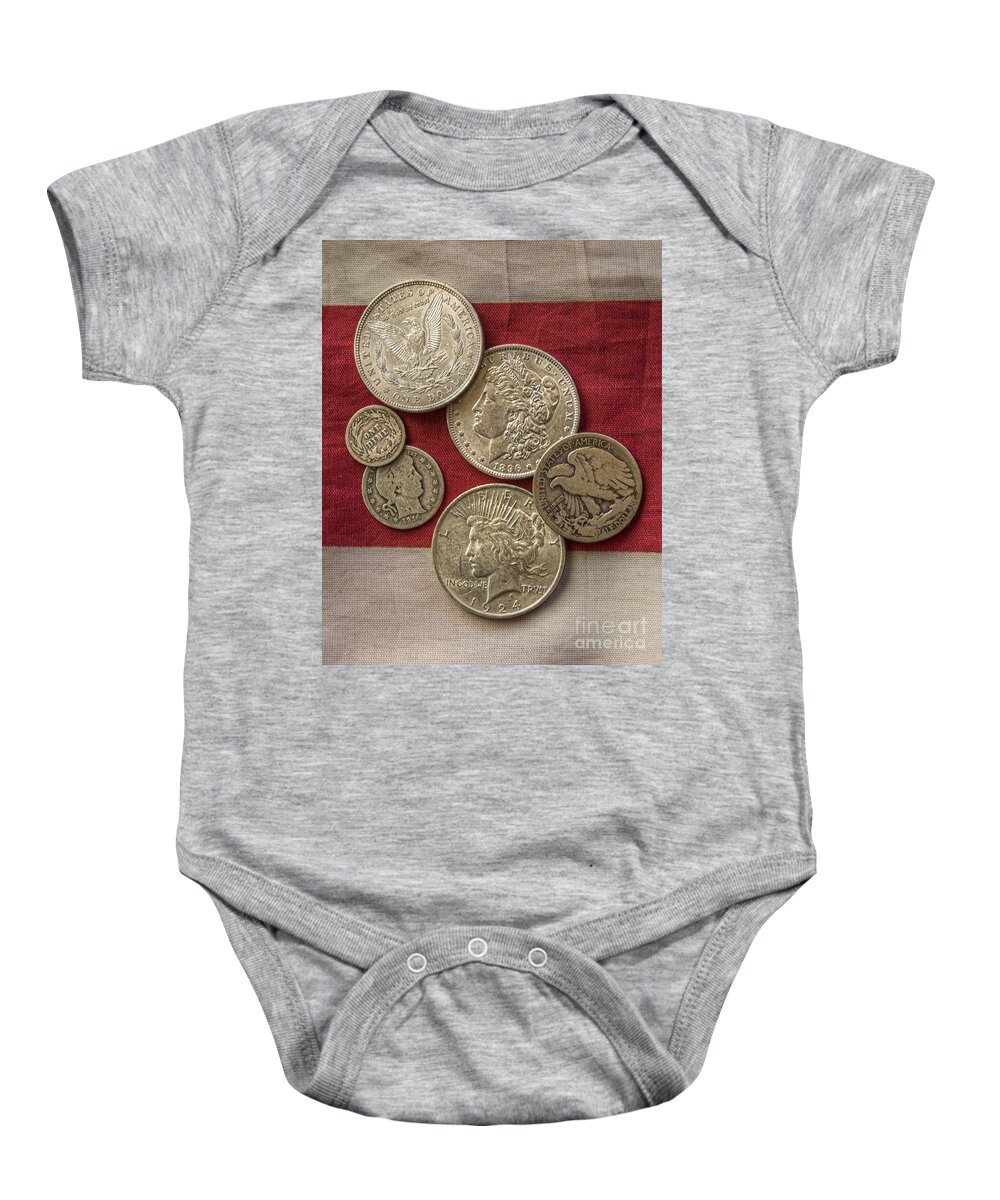 Silver Coin Baby Onesie featuring the photograph American Silver Coins by Randy Steele