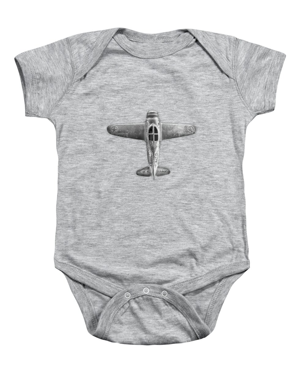 Antique Toy Baby Onesie featuring the photograph Antique Toy Airplane Floating On White in Black and White by YoPedro