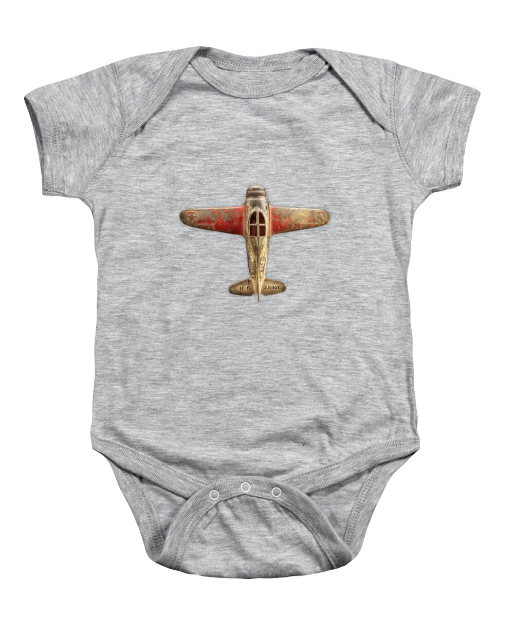 Antique Toy Baby Onesie featuring the photograph Antique Toy Airplane Floating On White by YoPedro