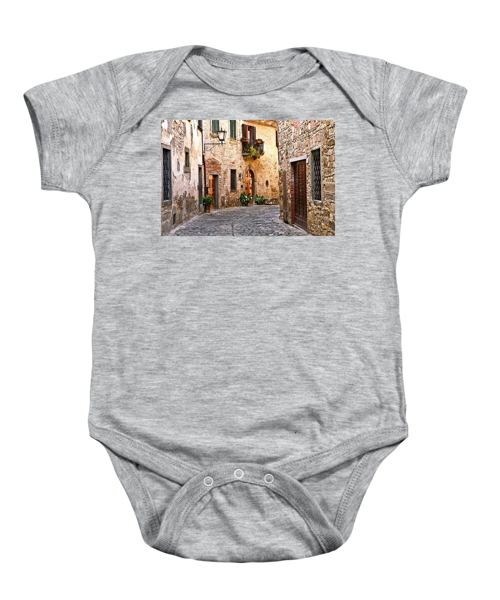 Street View Baby Onesie featuring the photograph Around the Corner Montefioralle Tuscany Italy by Lily Malor