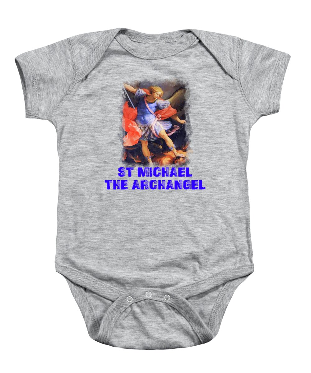 St Michael Baby Onesie featuring the mixed media St Michael the Archangel Saint 101 by Guido Reni