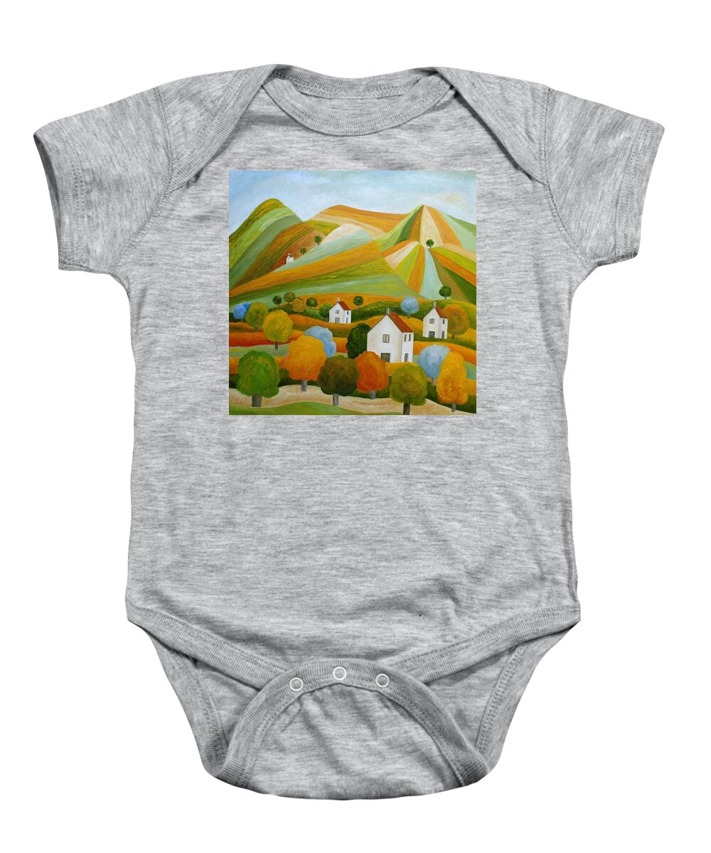 Village Baby Onesie featuring the painting Gaudy Scenery by Angeles M Pomata