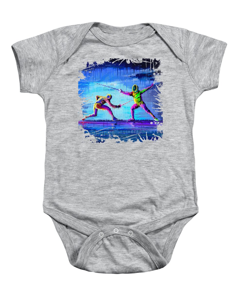 Power Baby Onesie featuring the painting Sword Sparring Painting by Anthony Mwangi