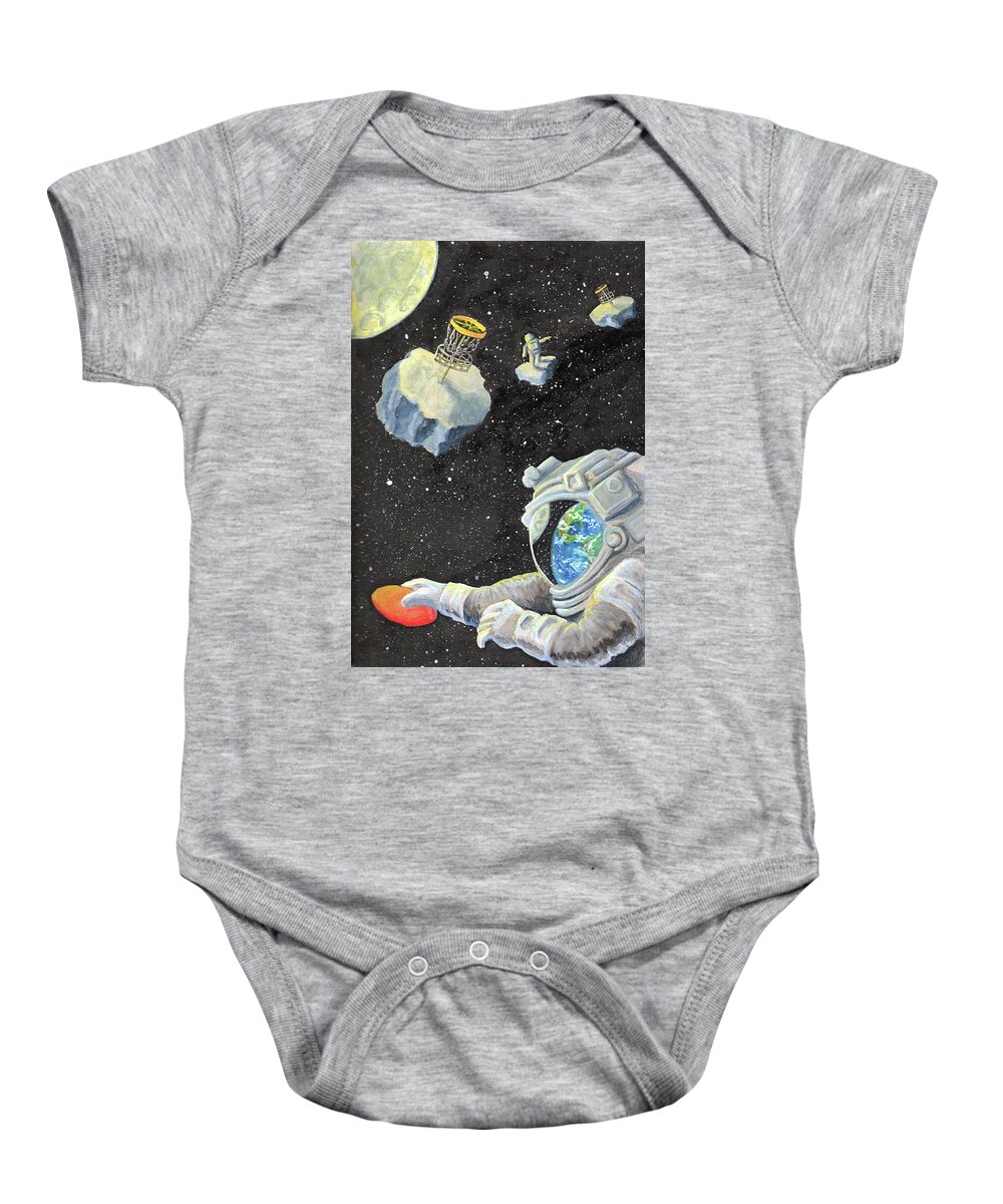Astronaut Baby Onesie featuring the painting Astronaut Disc Golf by Adam Johnson