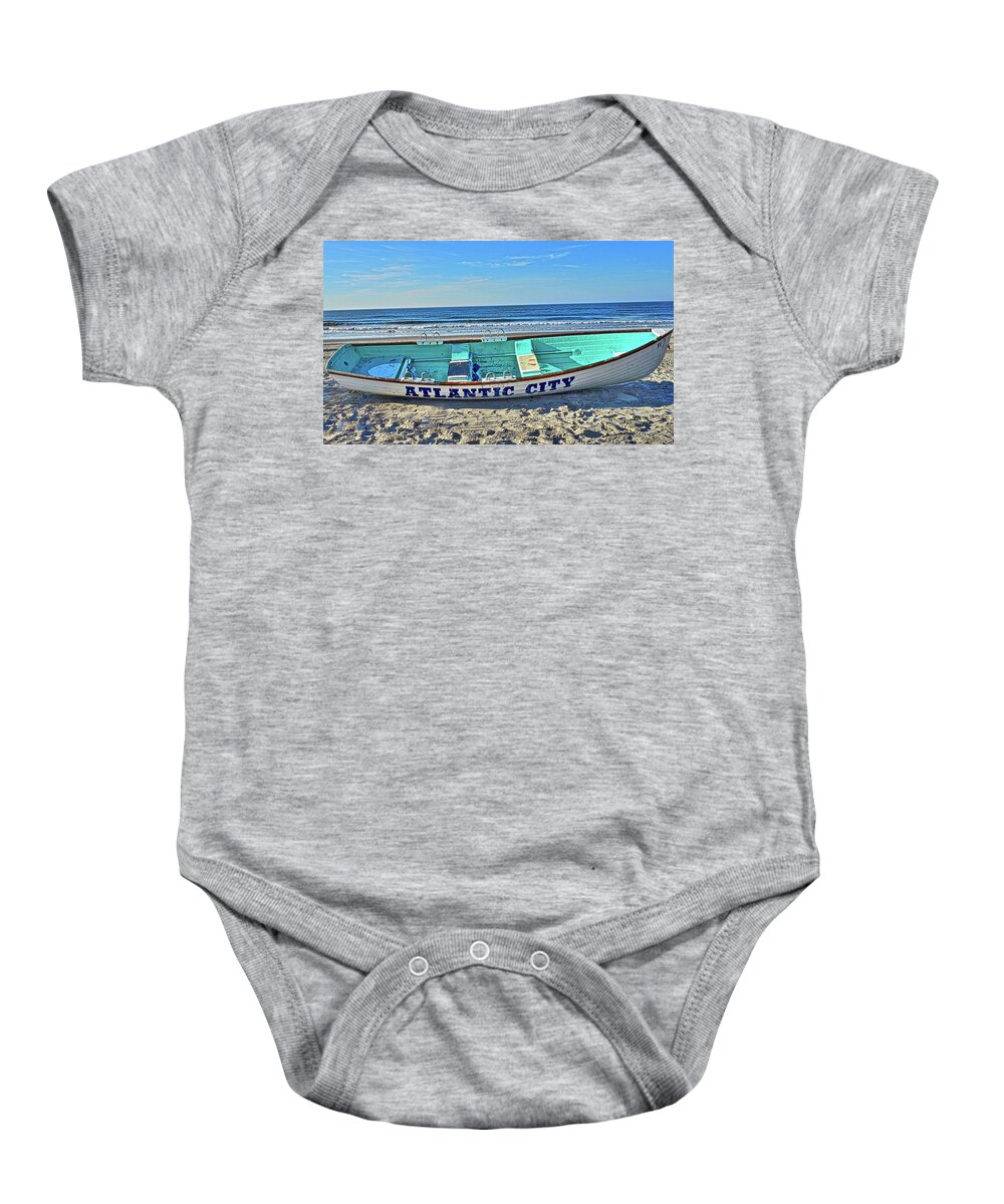 Atlantic City New Jersey Lifeguard Rescue Rowboat Baby Onesie featuring the photograph Atlantic City Rowboat by Joan Reese