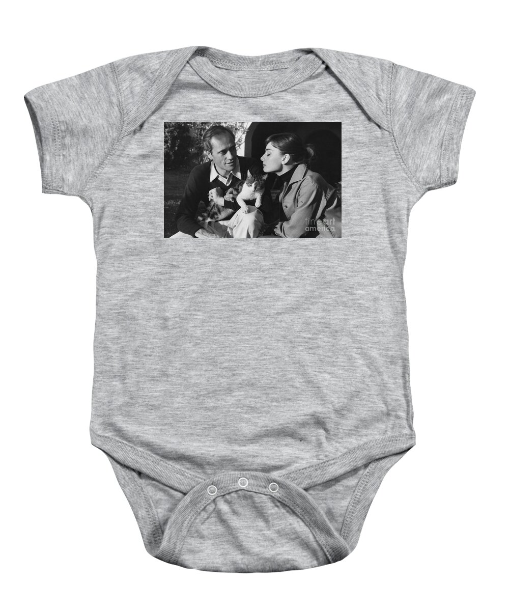 B&w Baby Onesie featuring the photograph Audrey Hepburn and Mel Ferrer by George Daniell