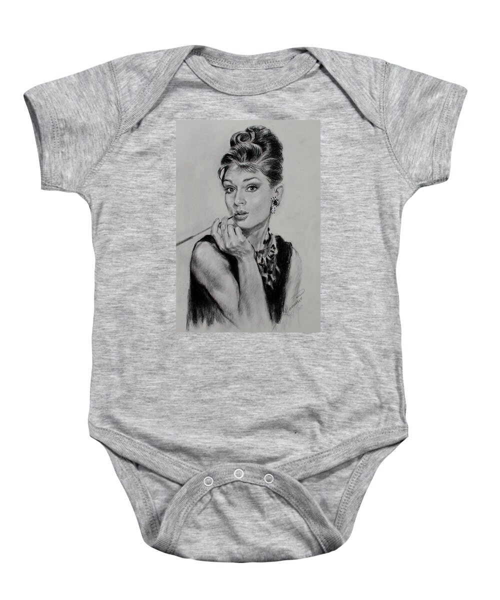 Audrey Hepburn Baby Onesie featuring the drawing Audrey Hepburn by Ylli Haruni