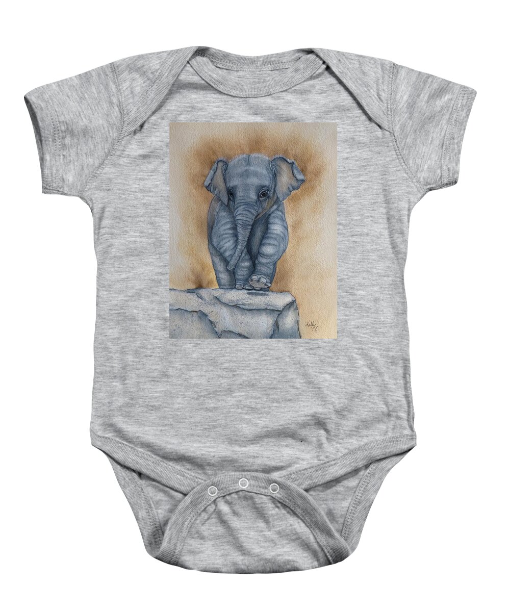 The Playroom Baby Onesie featuring the painting Baby Elephant by Kelly Mills