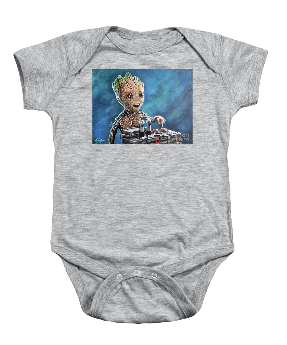 Guardians Of The Galaxy Baby Onesie featuring the painting Baby Groot by Tom Carlton