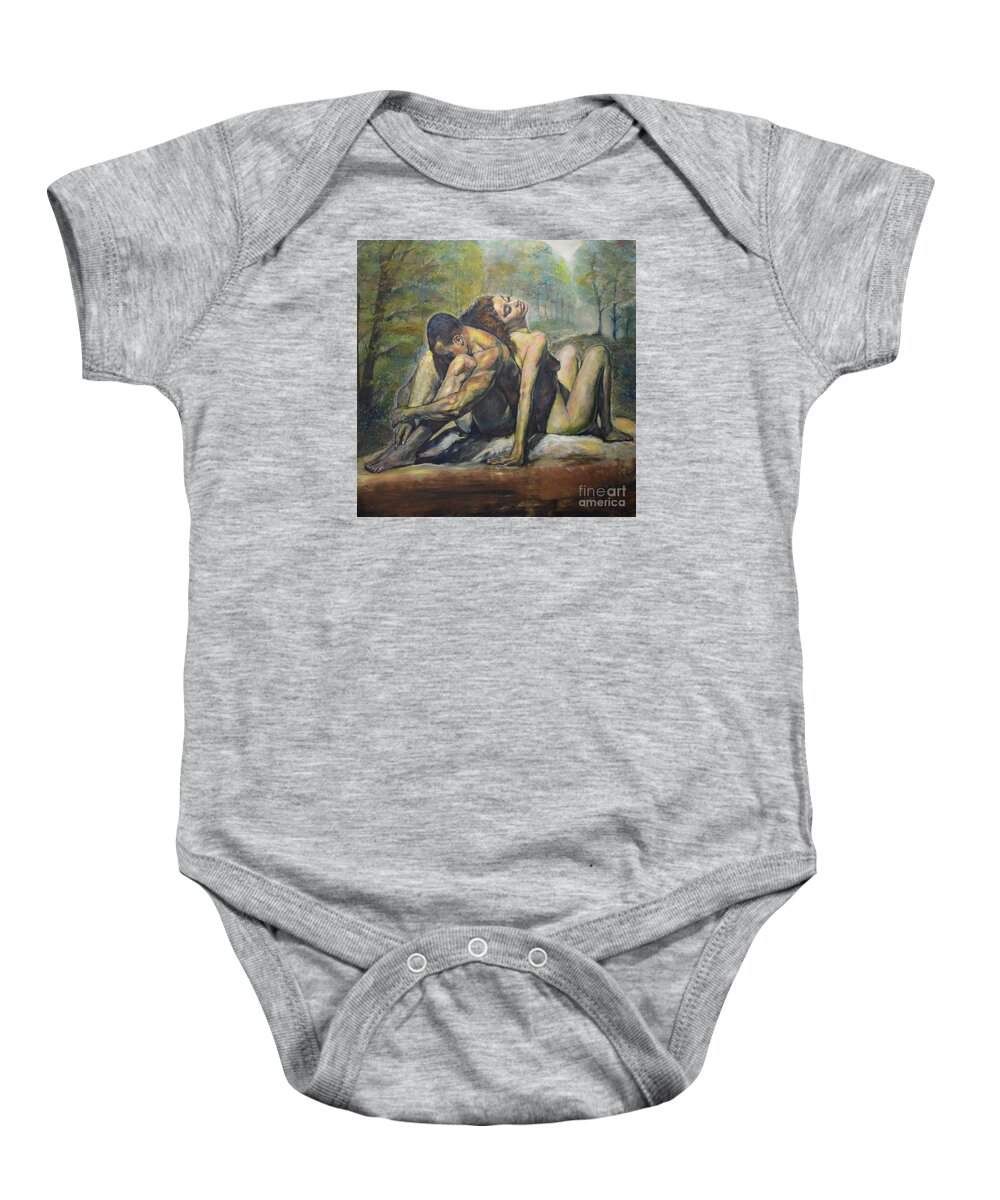 Nude In Art Baby Onesie featuring the painting Back to Back in the Forest by Raija Merila