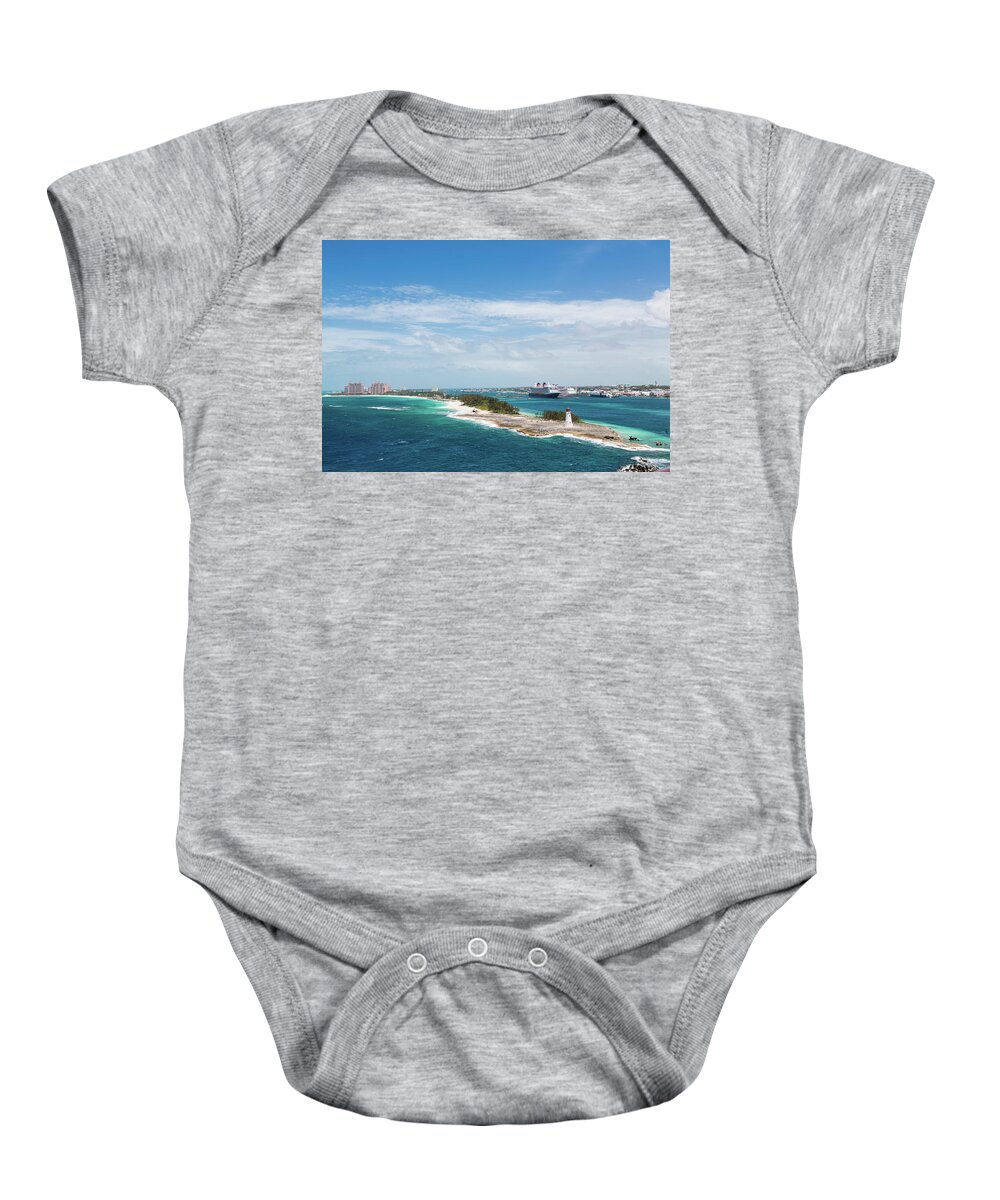Architecture Baby Onesie featuring the photograph Bahamas Lighthouse with Nassau and Resort in Background by Darryl Brooks