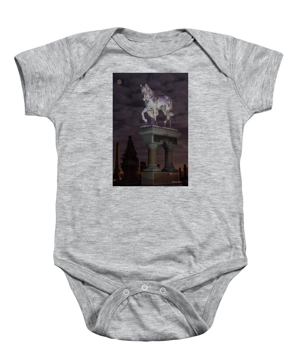 Riverside Cemetery Baby Onesie featuring the photograph Baker Horse Under the Full Moon by Stephen Johnson