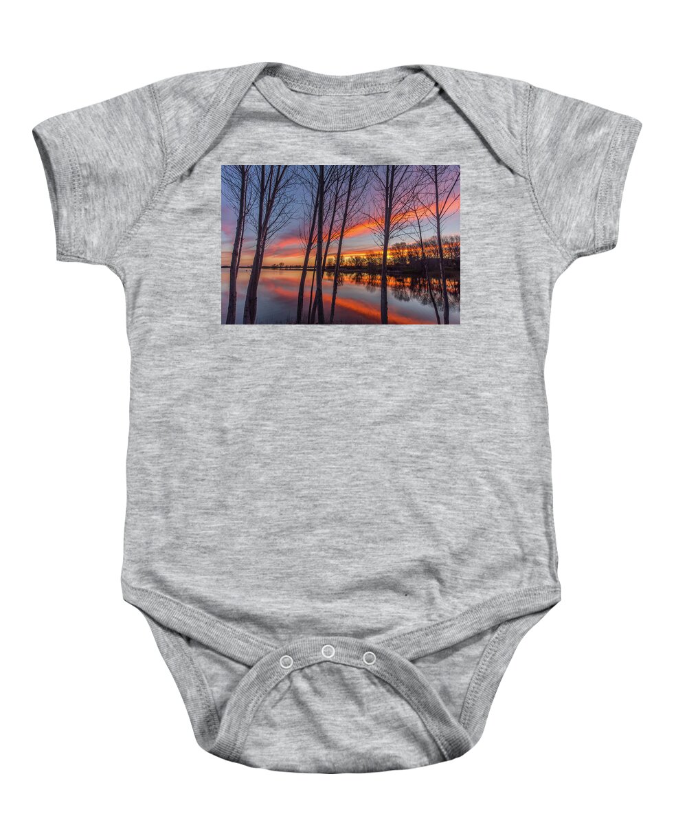 Landscape Baby Onesie featuring the photograph Bare Trees at Sunrise by Marc Crumpler