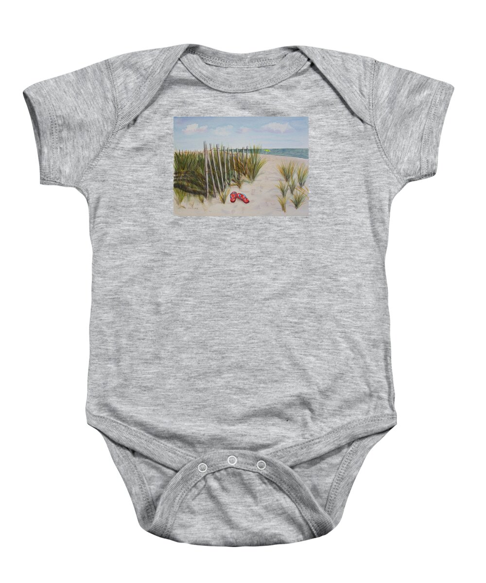 Flip-flops Baby Onesie featuring the painting Barefoot on the Beach by Jill Ciccone Pike