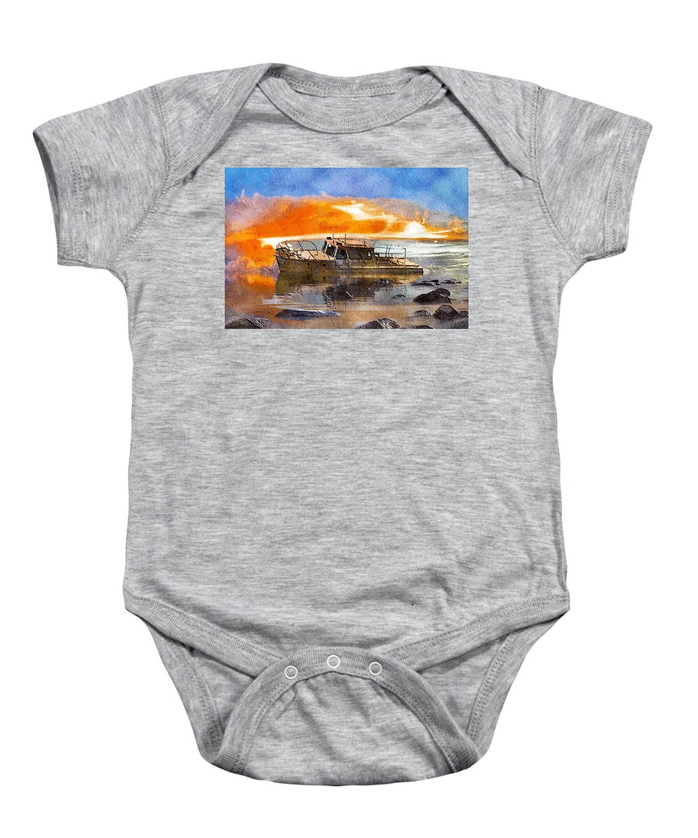 beached Wreck Baby Onesie featuring the painting Beached Wreck by Mark Taylor