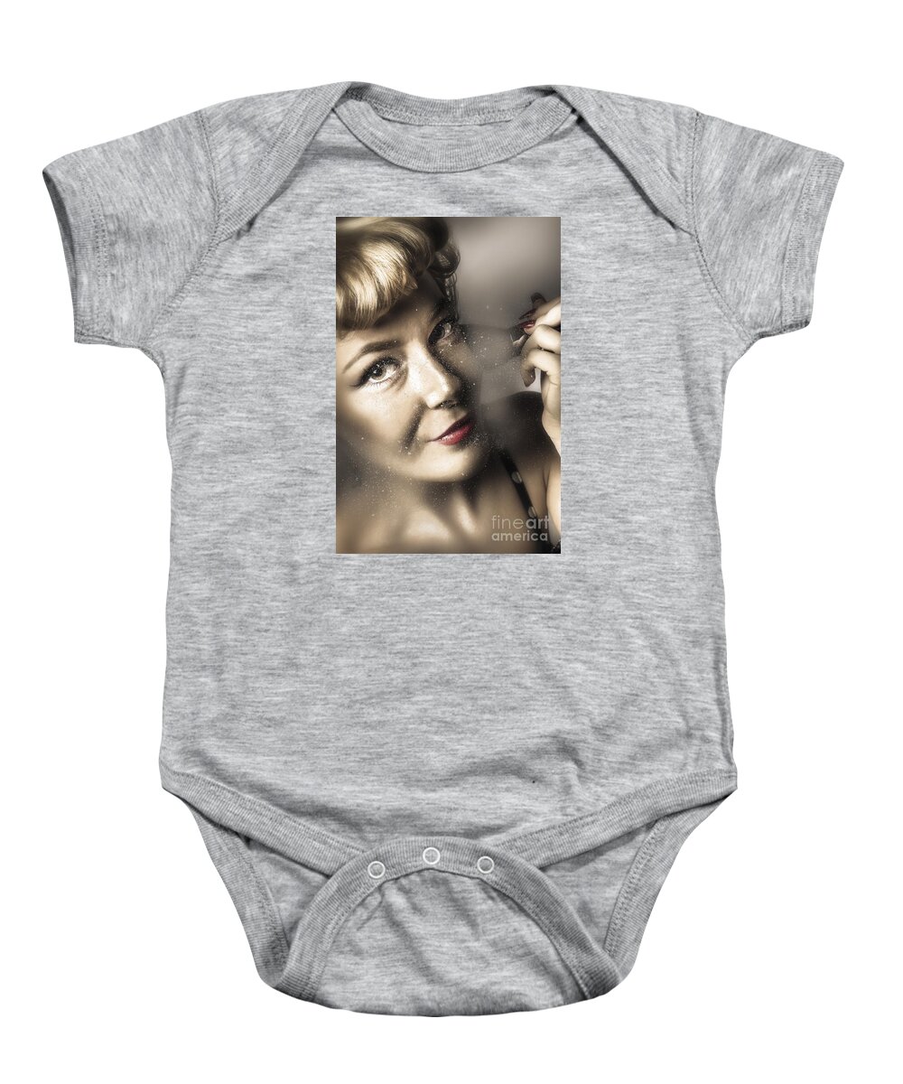 Makeup Baby Onesie featuring the photograph Beauty pin-up woman applying makeup by Jorgo Photography