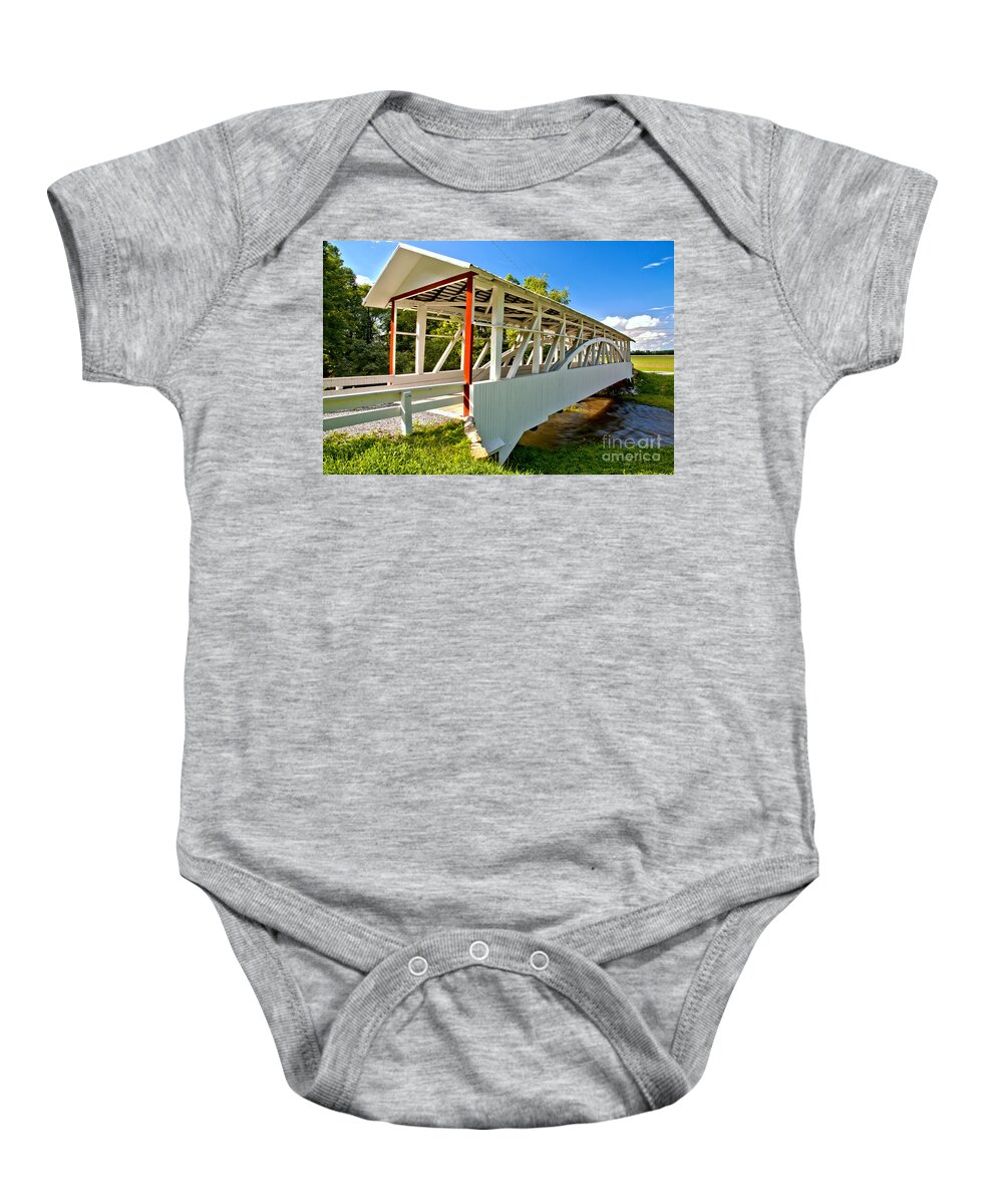 Bowser Coverd Bridge Baby Onesie featuring the photograph Bedford Osterburg Covered Bridge by Adam Jewell