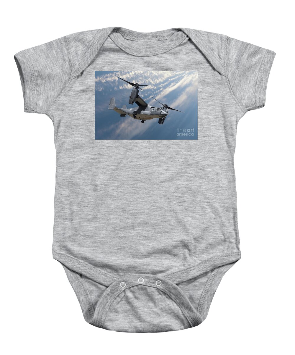Osprey Baby Onesie featuring the photograph Bell Boeing Osprey V-22 helicopter close up view flying by Simon Bratt
