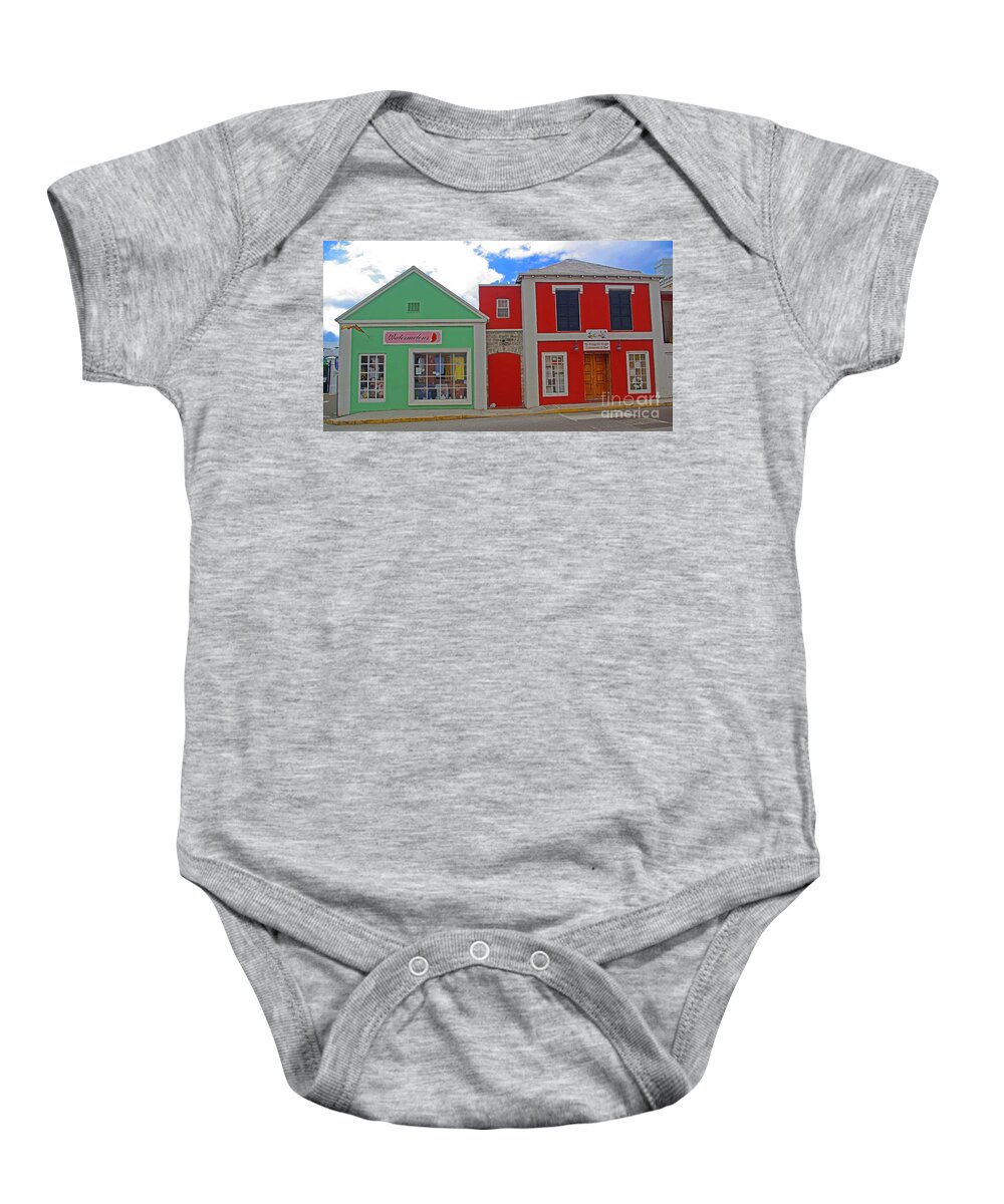 Bermuda Baby Onesie featuring the photograph Bermuda Green and Red Facades by Rich Walter