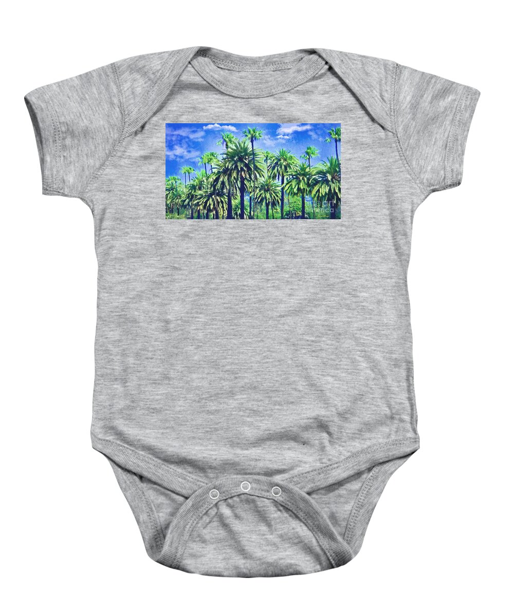 Palm Tree Baby Onesie featuring the mixed media Beverly Hills Palms by Alicia Hollinger