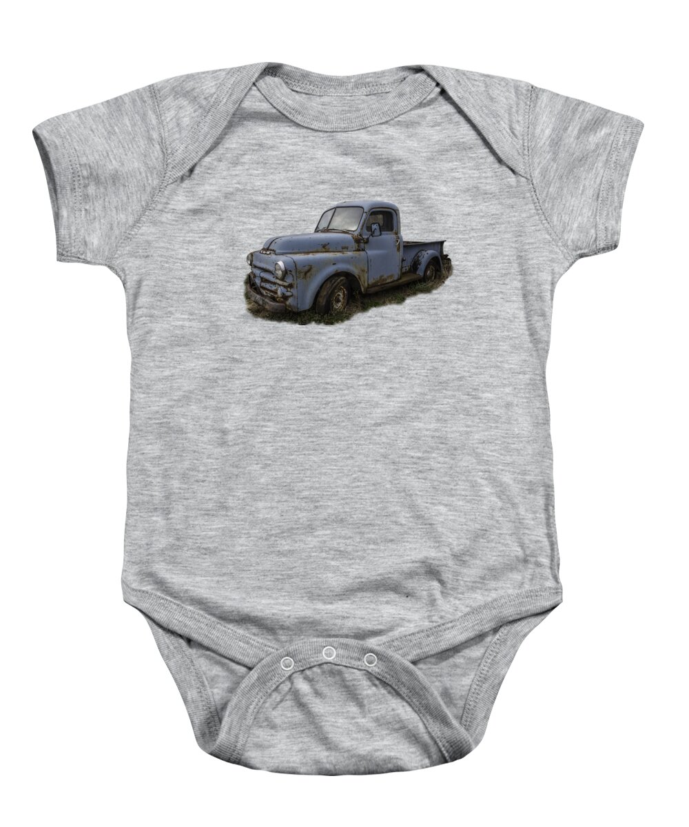 Abandoned Baby Onesie featuring the photograph Big Blue Dodge Alone by Debra and Dave Vanderlaan