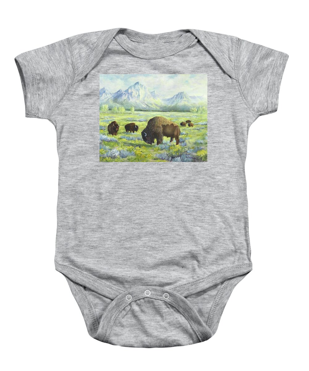 Tetons Baby Onesie featuring the painting Bison of Yellowstone by ML McCormick
