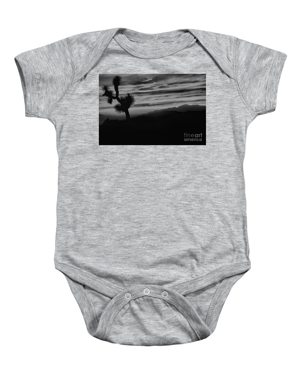 Black And White Baby Onesie featuring the photograph Black And White Joshua Tree Sunset by Adam Jewell