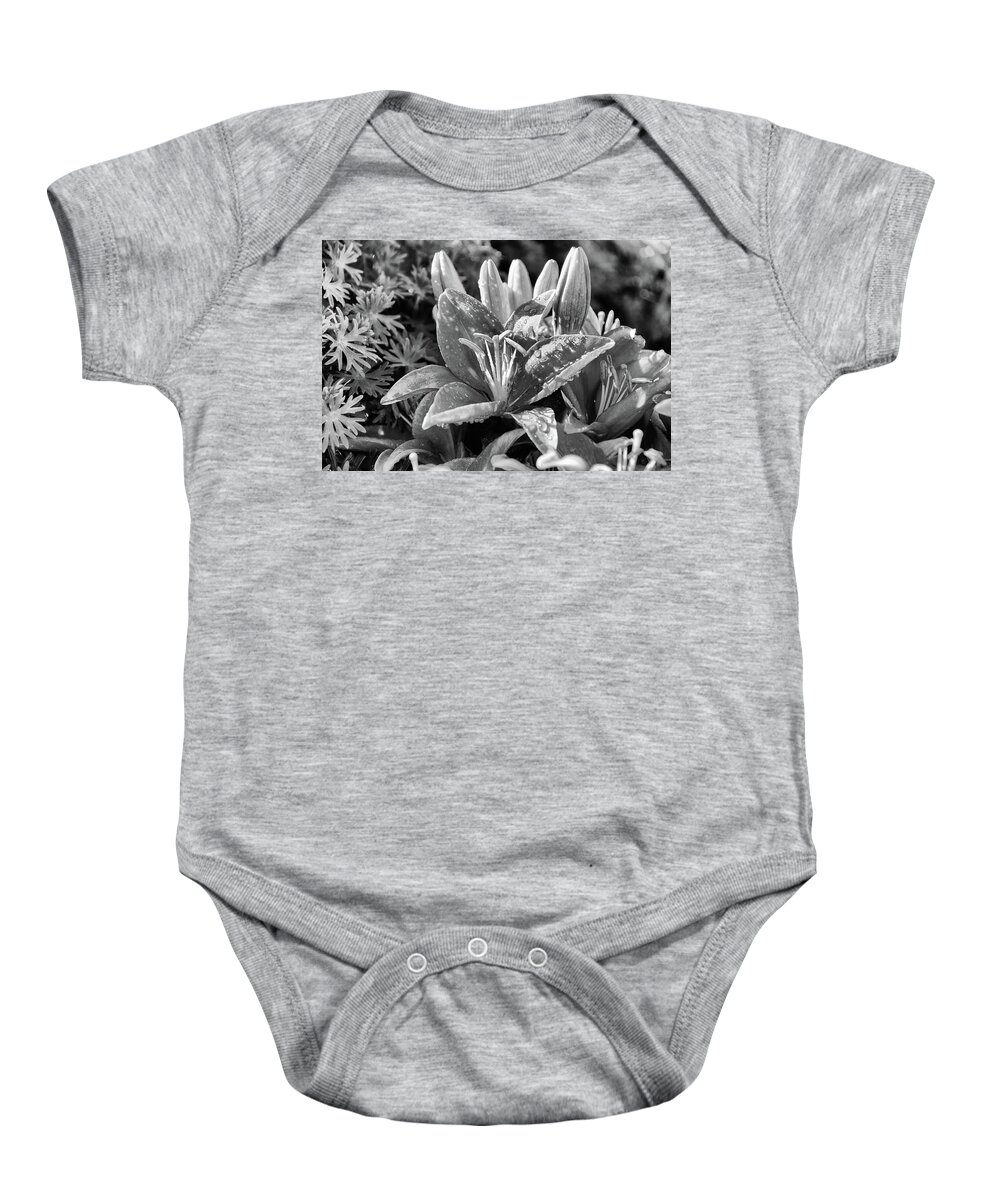 Black & White Baby Onesie featuring the photograph Black and white lily by Debra Baldwin