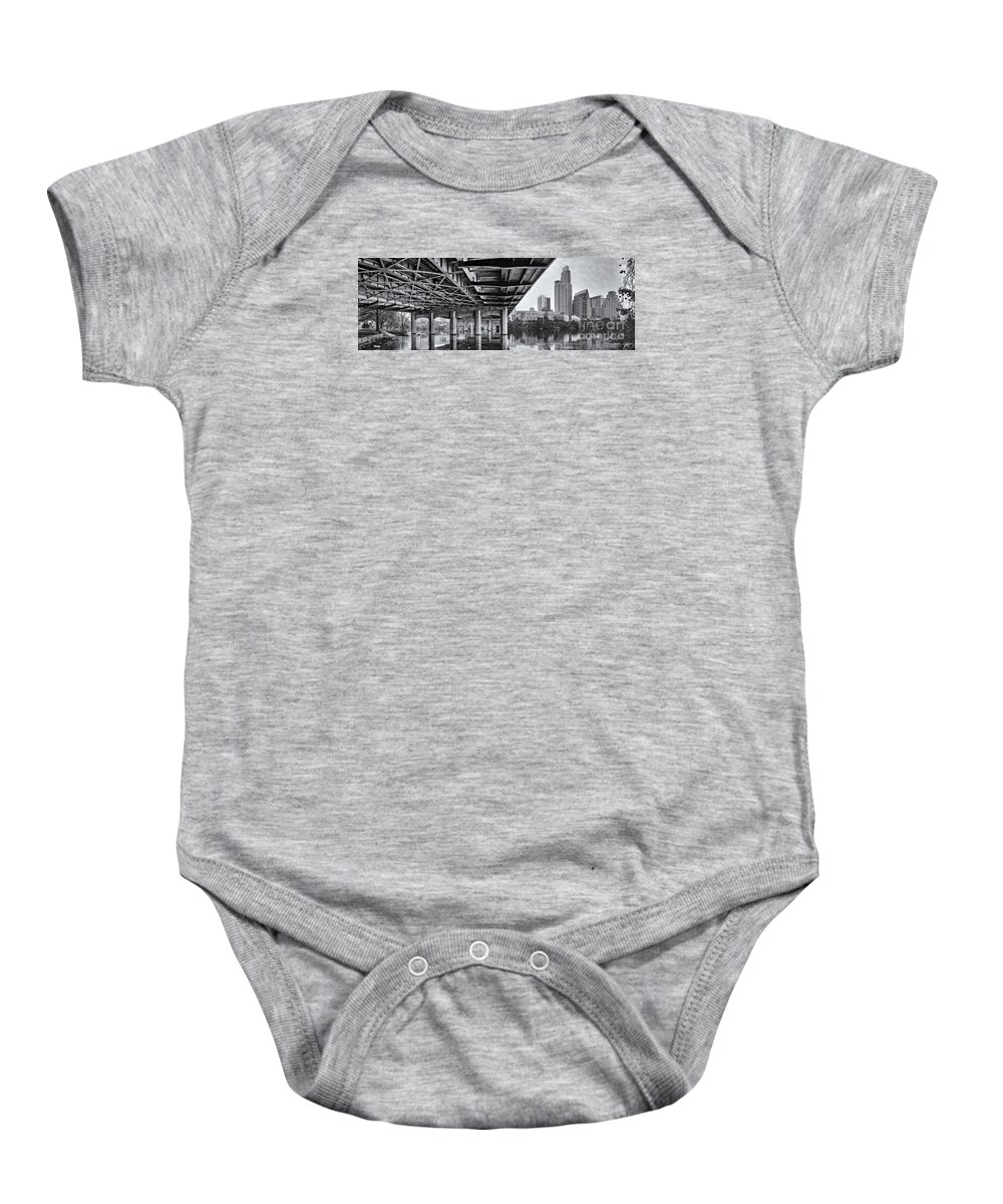 Downtown Baby Onesie featuring the photograph Black and White Panorama of Downtown Austin Skyline Under the Bridge - Austin Texas by Silvio Ligutti