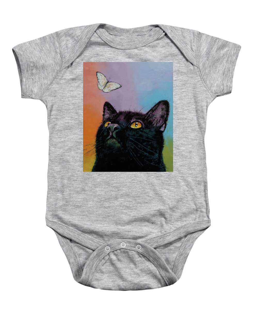 Cat Baby Onesie featuring the painting Black Cat Butterfly by Michael Creese