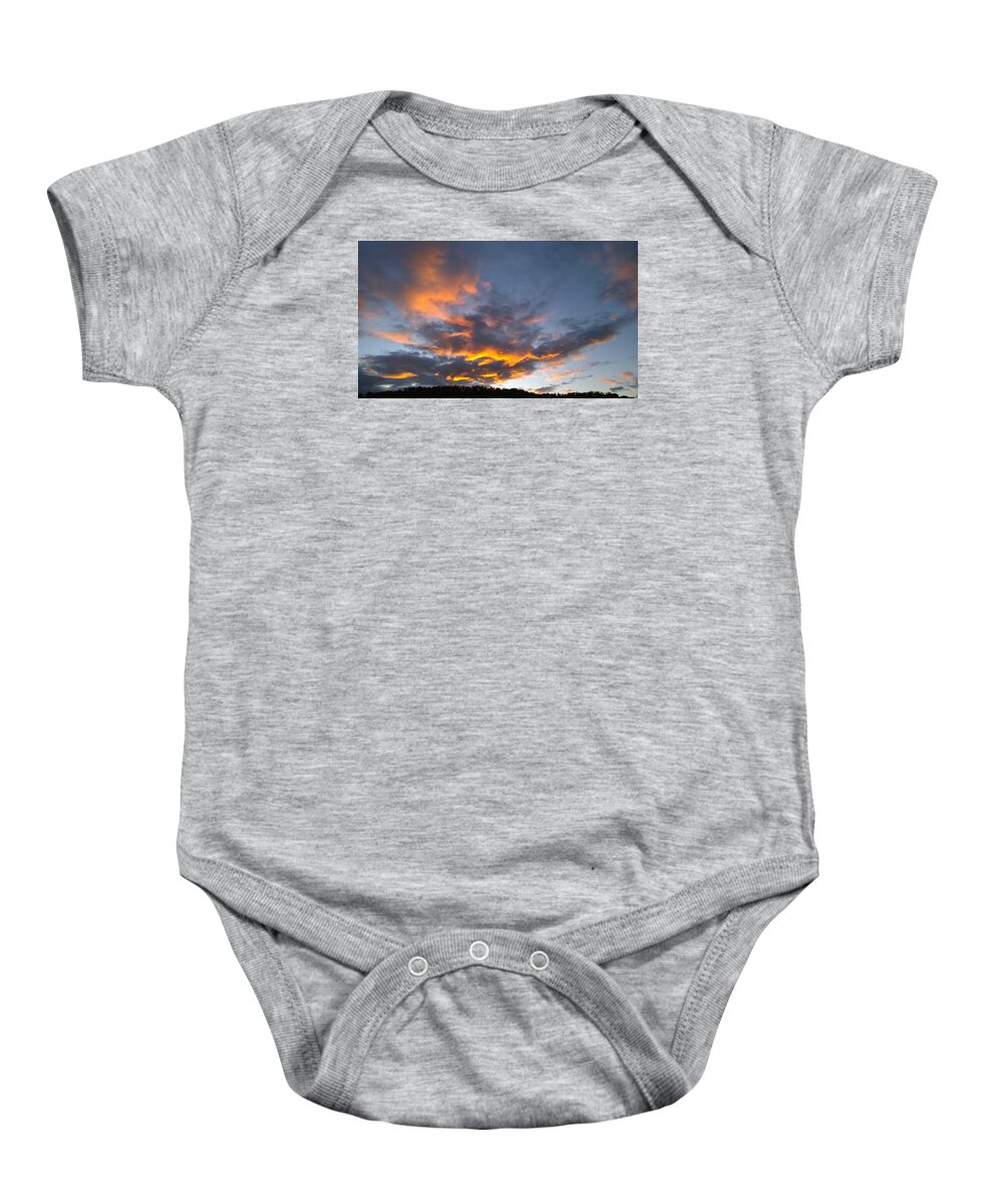 Kelly Hazel Baby Onesie featuring the photograph Blue and Orange Sunset over Blue Ridge Mountains by Kelly Hazel