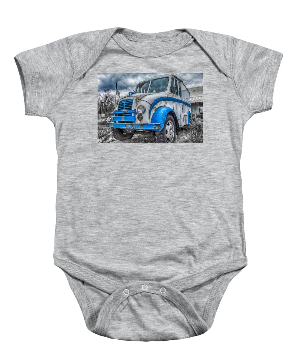 Divco Baby Onesie featuring the photograph Blue and White DivCo by Guy Whiteley