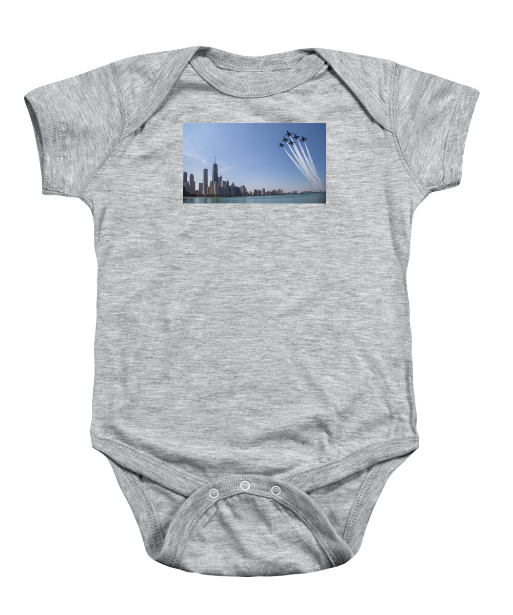 Chicago Baby Onesie featuring the photograph Blue Angels over Chicago by Lev Kaytsner