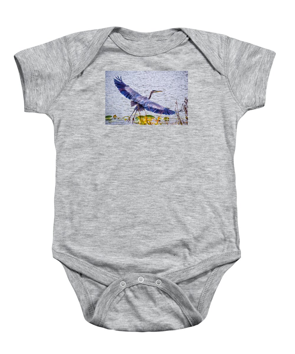 Peggy Franz Photography Baby Onesie featuring the photograph Blue Heron Take Off by Peggy Franz