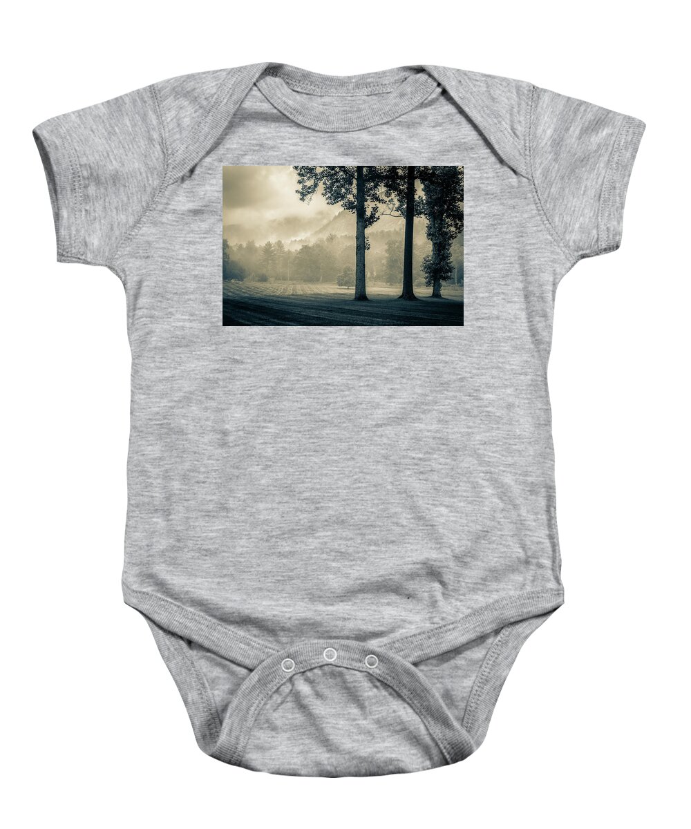 Monochrome Baby Onesie featuring the photograph Blue Ridge Mountains NC Lonesome Valley Cashiers Foggy Morning by Robert Stephens