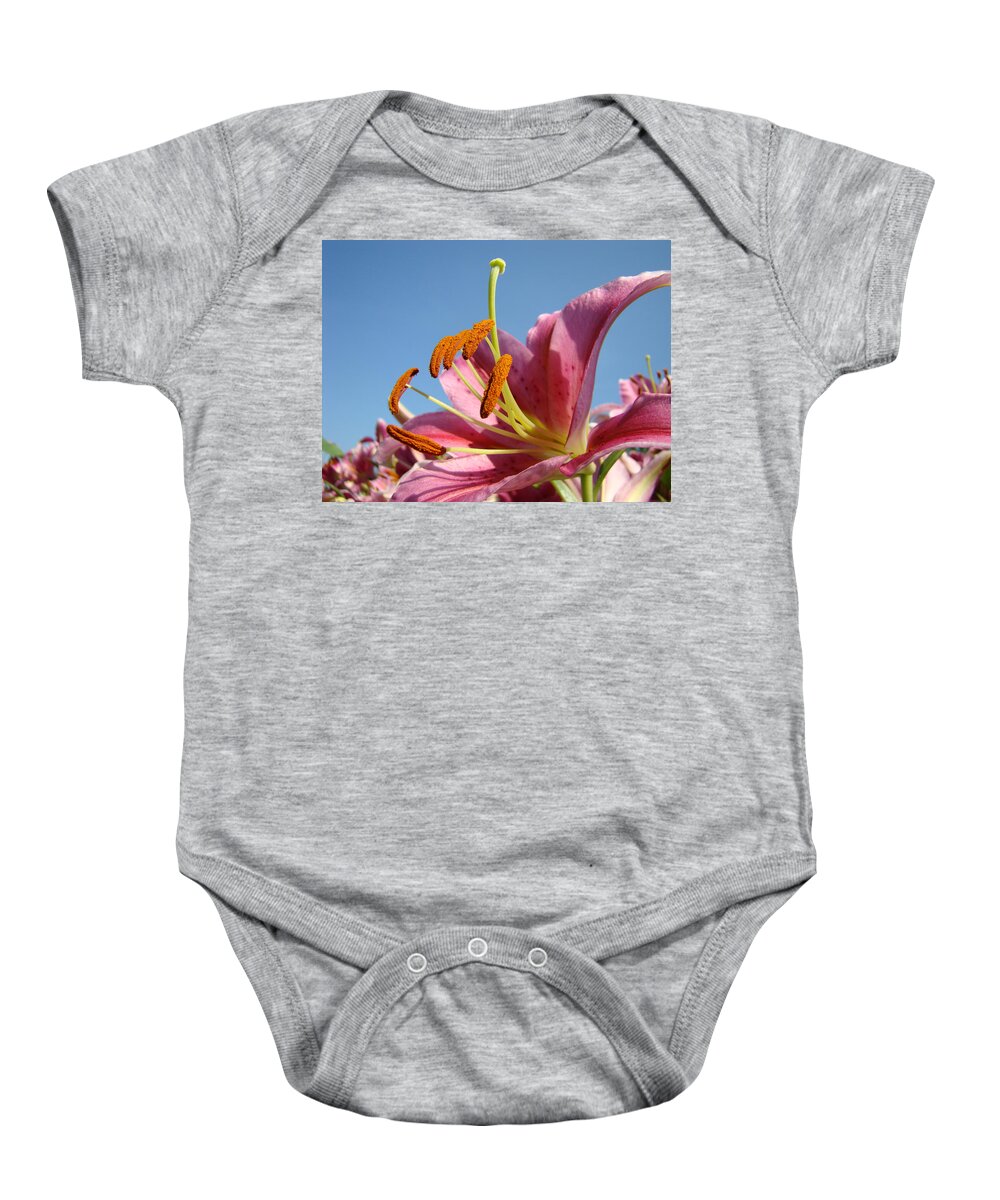 Lilies Baby Onesie featuring the photograph BLUE SKY FLORALS Art Pink Calla Lily Blooming Baslee Troutman by Patti Baslee