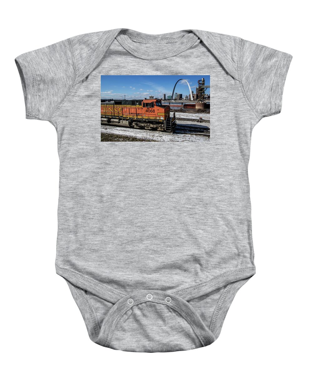Mississippi River Baby Onesie featuring the photograph BNSF locomotive passing by the Arcj by Garry McMichael