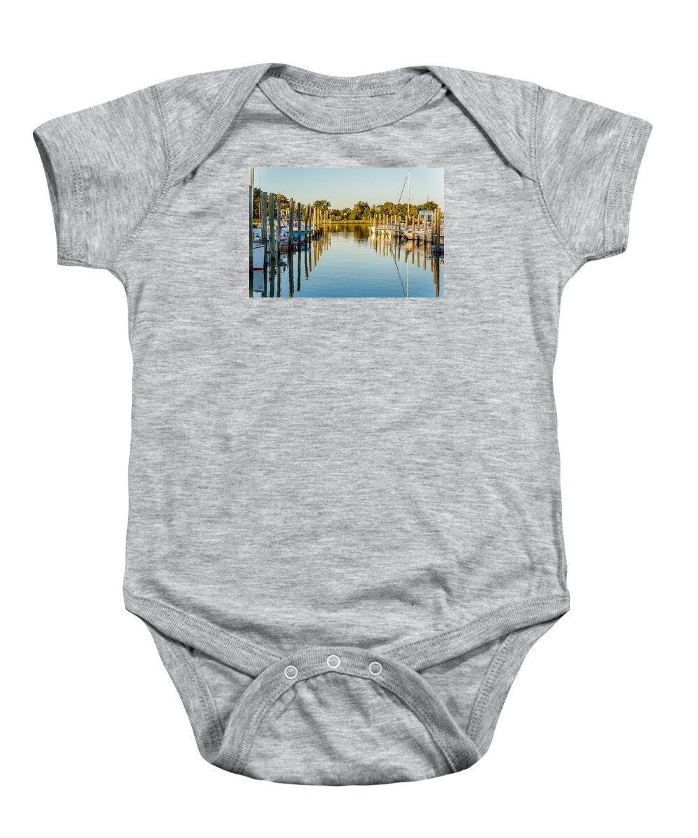 Cheesequake Creek Baby Onesie featuring the photograph Boats at marina by SAURAVphoto Online Store