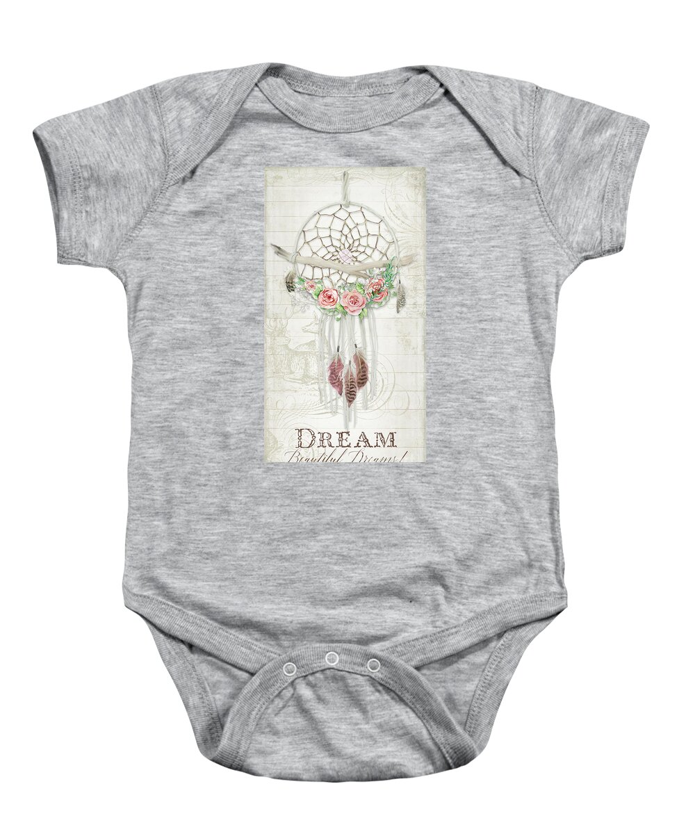 Dream Catcher Baby Onesie featuring the painting BOHO Western Dream Catcher w Wood Macrame Feathers and Roses Dream Beautiful Dreams by Audrey Jeanne Roberts
