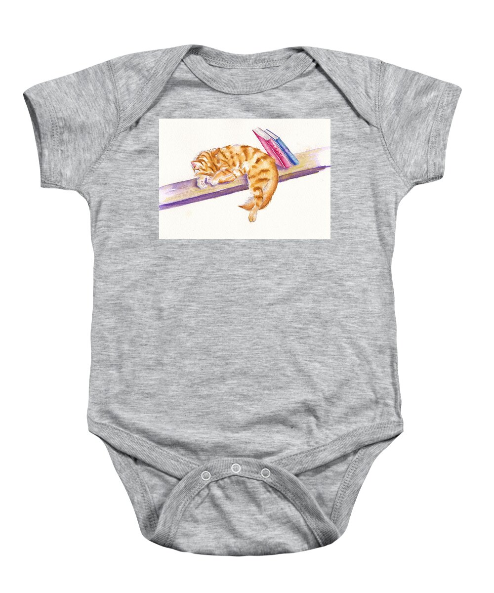 Tabby Baby Onesie featuring the painting Bookend - Sleeping Kitten by Debra Hall